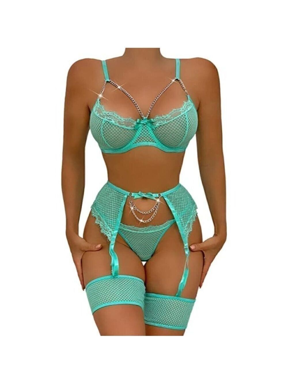 SEXY Eyelash Fishnet Lingerie Chain Babydoll Underwire Bra Panty Set Garter Belt